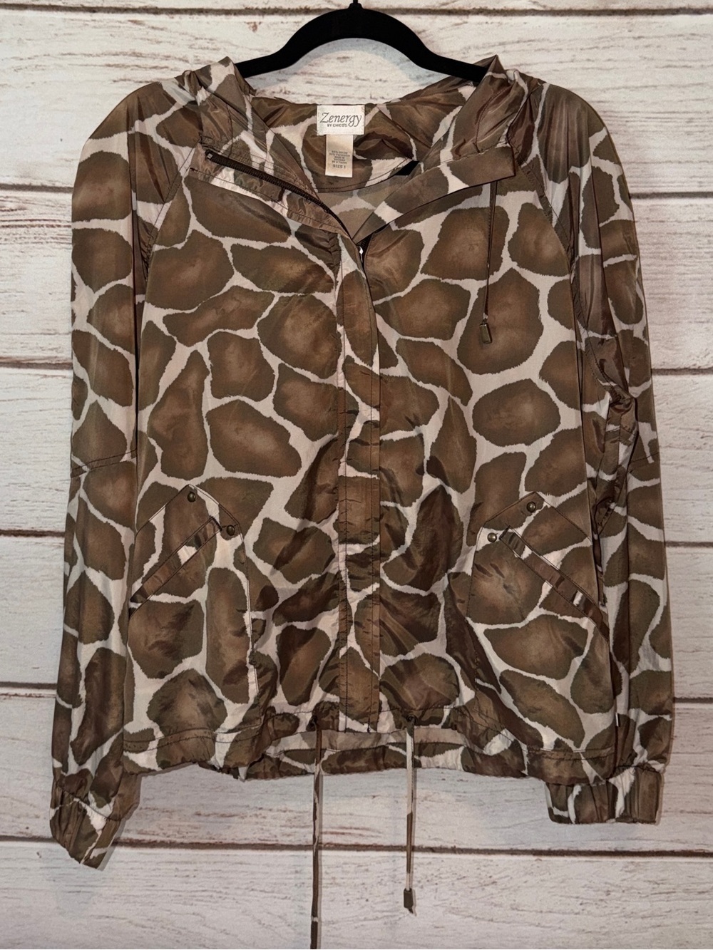 Zenergy by Chico’s Giraffe Print Hooded Zip Jacket Size 1